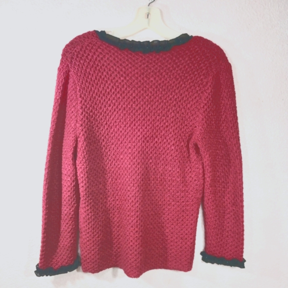 Jones New York Hot Pink with Black Beaded Trim Cardigan Sweater  Size S Stretchy - Picture 2 of 8